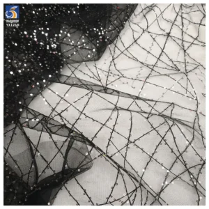 YX1268 2026 Customized 2 Yards Cross Embroidery 3MM Black Sequin Tulle Fabric for Dress Knitted Mesh Fabric With Sequins...