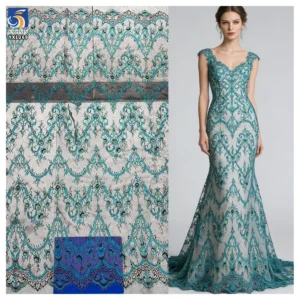 YX1269-1 France Elegant Style Two-Tone Eyelash Lace Fabric Polyester Cyan-Blue Hot Selling Tulle Lace Fabric for Garments...