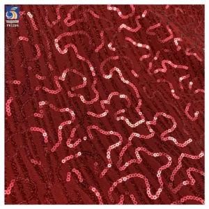 YX1286 240g Bright Red Nylon Stretch Knit Striped Jacquard Fabric With Sequin Embroidery Jacquard Fabric for Woman Dress...