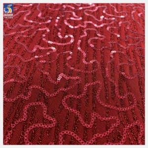 YX1286 240g Bright Red Nylon Stretch Knit Striped Jacquard Fabric With Sequin Embroidery Jacquard Fabric for Woman Dress...