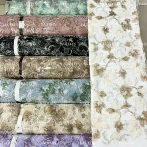 YX1294-1 OEM ODM Customized Glitter Sequin Lace Fabric Purple Romantic Style French Tulle Dress Lace Fabric With Sequins...