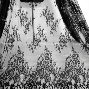 YX1295 2026 New Arrival Polyester Mesh Skirt With Lace Pure Black Eyelash Lace Fabric for Dress Woman Material - 100%...