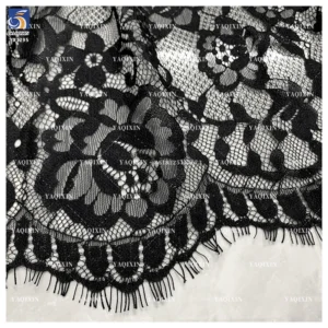 YX1295 2026 New Arrival Polyester Mesh Skirt With Lace Pure Black Eyelash Lace Fabric for Dress Woman Material - 100%...