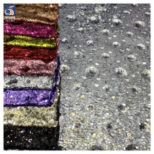 YX1301 Recently Popular 5+9+12+18mm 400 Gsm Heavyweight Silver Sequins Fabrics 3D Rose Flower Sequins Dress Fabric - 100%...