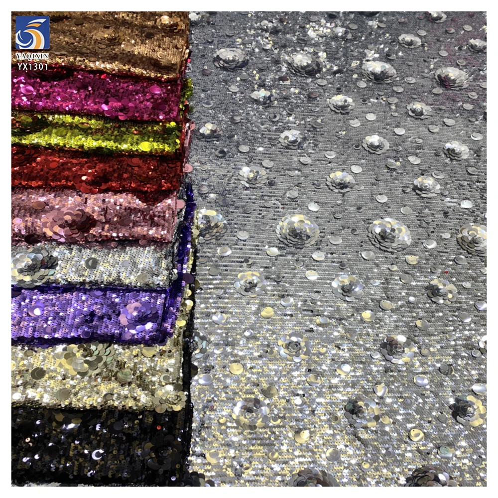 YX1301 Recently Popular 5+9+12+18mm 400 Gsm Heavyweight Silver Sequins Fabrics 3D Rose Flower Sequins Dress Fabric - 100%...