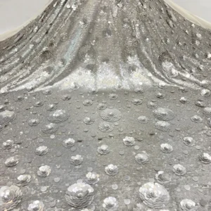 YX1301 Recently Popular 5+9+12+18mm 400 Gsm Heavyweight Silver Sequins Fabrics 3D Rose Flower Sequins Dress Fabric - 100%...
