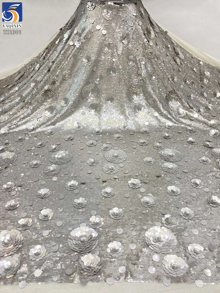 YX1301 Recently Popular 5+9+12+18mm 400 Gsm Heavyweight Silver Sequins Fabrics 3D Rose Flower Sequins Dress Fabric - 100%...