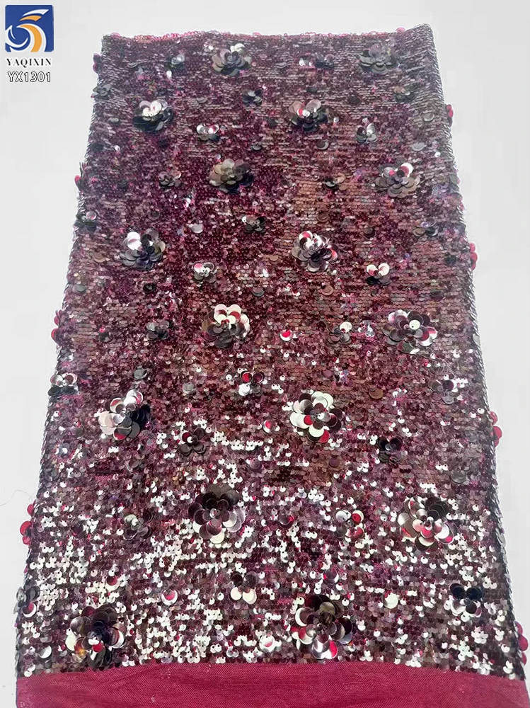 YX1301 Recently Popular 5+9+12+18mm 400 Gsm Heavyweight Silver Sequins Fabrics 3D Rose Flower Sequins Dress Fabric - 100%...