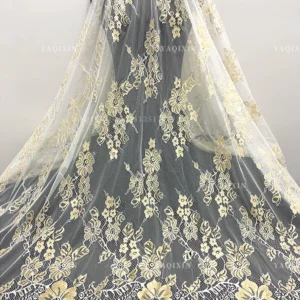 YX1331 3m*1.5m China Hot-Selling Gold Thread Eyelash Lace Fabric for Long Dress Luxury Embroidery Mesh Dubai Lace Fabrics...