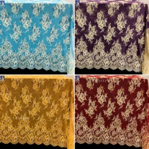 YX1332 300cm*150cm Factory Wholesale Price China Gold Eyelash Lace Fabrics Big Flowers Embroidered Eyelash Lace Fabric...