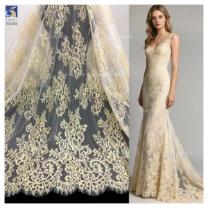 YX1333 3m*1.5m High Quality 250gsm Dubai Wedding Tulle Tissue Lace Fabric Gold Eyelash Lace Fabric for Polyester 2026 New...