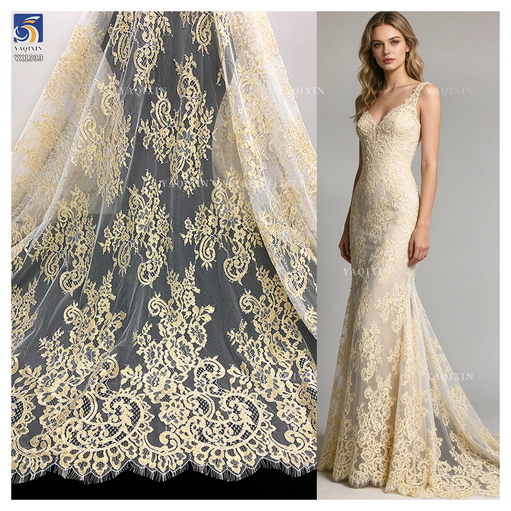 YX1333 3m*1.5m High Quality 250gsm Dubai Wedding Tulle Tissue Lace Fabric Gold Eyelash Lace Fabric for Polyester 2026 New...