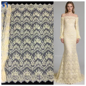 YX1334 2026 3m*1.5m OEM Custom-Dyed Lace Fabric Luxurious French Fashion Dresses Eyelash Gold Lace Fabric Embroidered - 100%...