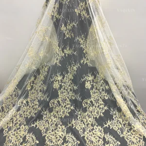 YX1335 European Style Designer Latest Popular 2026 French Lace Fabric Eyelash Custom Dyed Gold Mesh Lace Fabric for Woman...