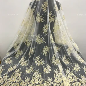 YX1336 3m*1.5m New Product Launch 2026 Eyelash Lace Fabric Gold Thread Mesh Tulle Lace Embroidered Fabric for Garment - 100%...