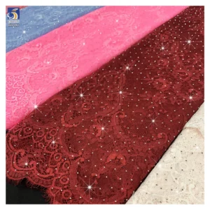 YX1347 2026 Chinese New Year Red Lace Fabric With 3D Shiny Stones Tulle Embroidered Eyelash Lace Fabric for Clothing - 100%...