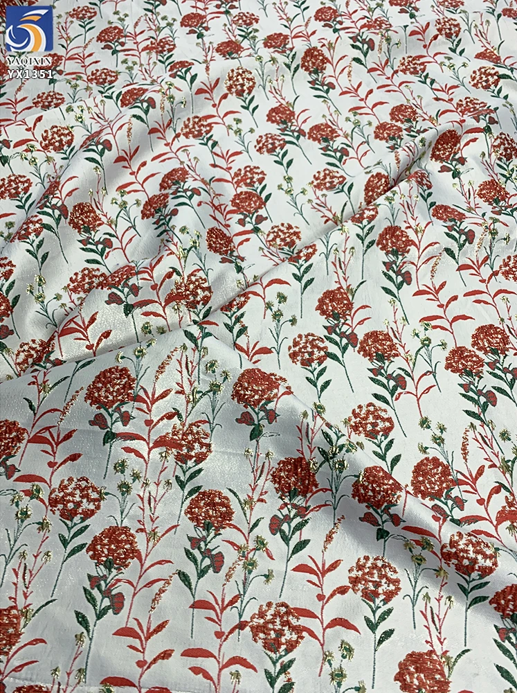 YX1351 New Fashion Design 2026 Bright Red Florals Fabric Wholesale Woven Brocade Jacquard Fabric for Garment - 100%...