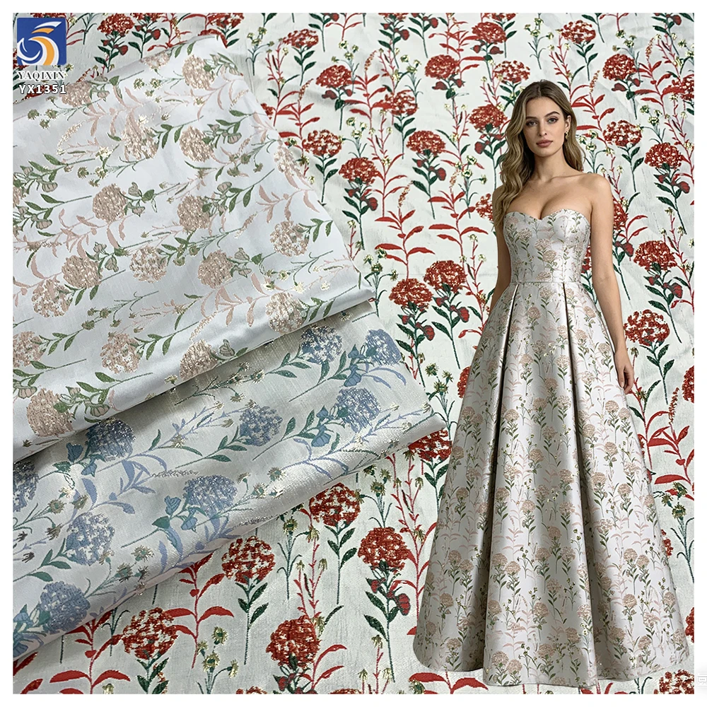 YX1351 New Fashion Design 2026 Bright Red Florals Fabric Wholesale Woven Brocade Jacquard Fabric for Garment - 100%...