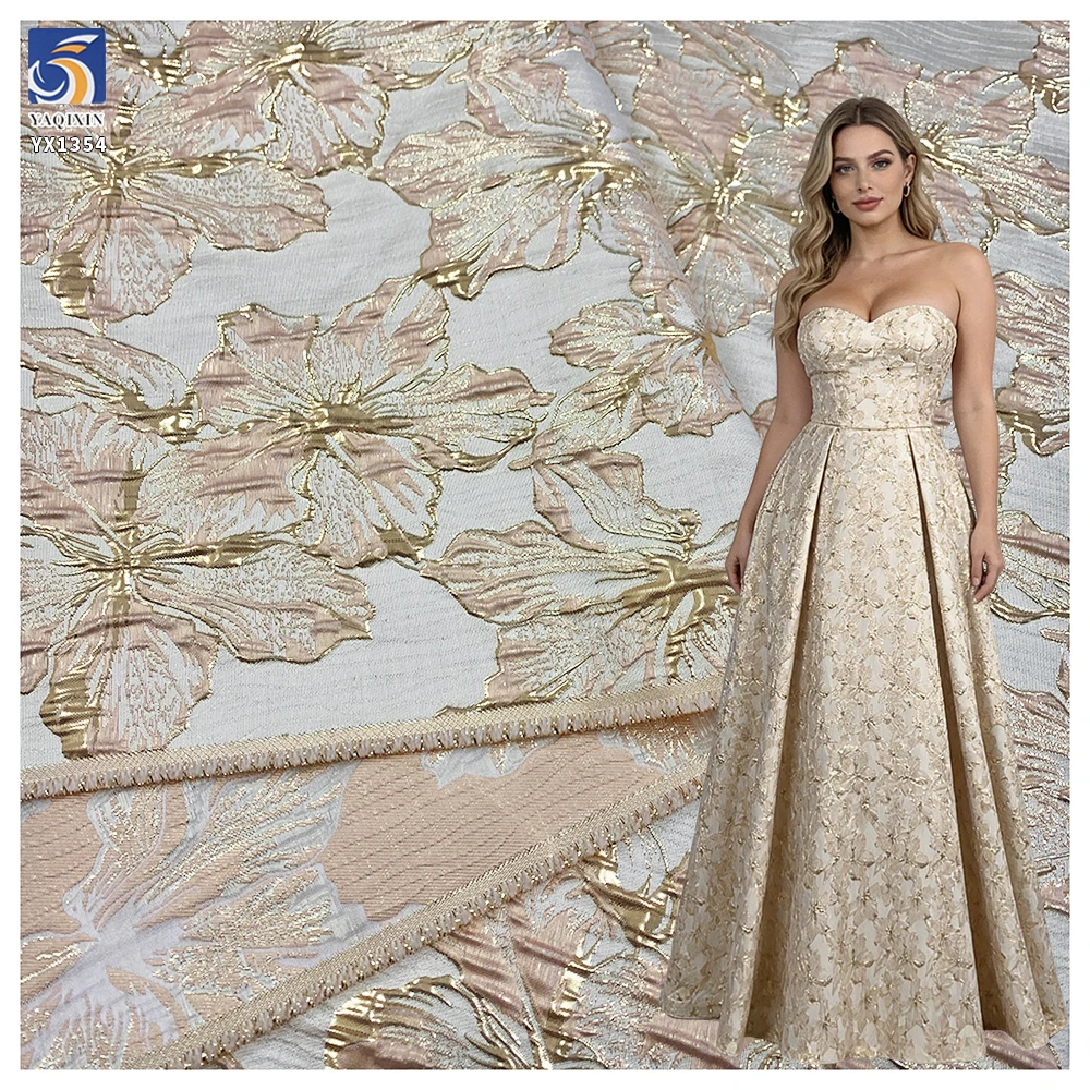 YX1354 High Quality 100 Polyester Soft Jacquard Chiffon Brocade Fabric With Flowers Two-Tone Gold Thread Brocade - 100%...