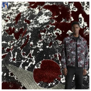 YX1359 High Quality Brands Custom 10oz 400gsm Flocked Denim Fabric Burgundy Polyester Stretch Flock Denim Fabric for Jackets