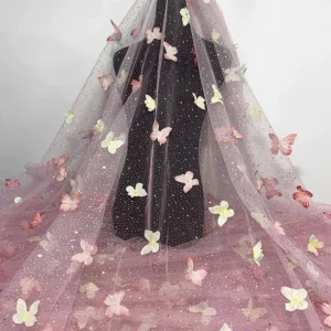 YX1365 New Glitter Tulle Fabric With 3D Diamonds Stones Butterfly Gradient Glitter Polyester Knitted 3D Butterfly Mesh...