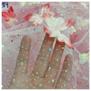 YX1365 New Glitter Tulle Fabric With 3D Diamonds Stones Butterfly Gradient Glitter Polyester Knitted 3D Butterfly Mesh...