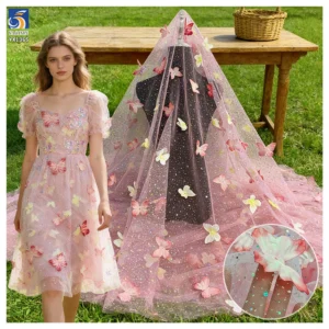 YX1365 New Glitter Tulle Fabric With 3D Diamonds Stones Butterfly Gradient Glitter Polyester Knitted 3D Butterfly Mesh...