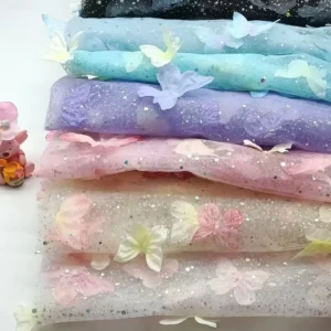 YX1365 New Glitter Tulle Fabric With 3D Diamonds Stones Butterfly Gradient Glitter Polyester Knitted 3D Butterfly Mesh...
