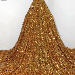 YX1366 600gsm 12CM+5CM Heavyweight Gold Sequins Embroidery Four-Way Elastic Mesh Base Sequin Fabric for Tight Skirt - 100%...