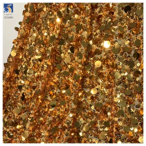 YX1366 600gsm 12CM+5CM Heavyweight Gold Sequins Embroidery Four-Way Elastic Mesh Base Sequin Fabric for Tight Skirt - 100%...