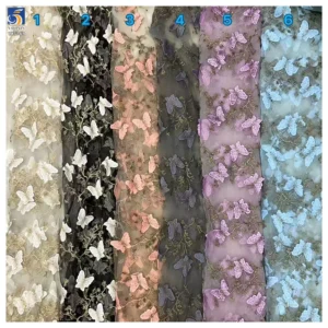 YX1369 New Product Launch 2026 Polyester Soft Tulle Mini 3D Embroidery Blue Butterflies Fabric Embroidered 3D Mesh Fabric...