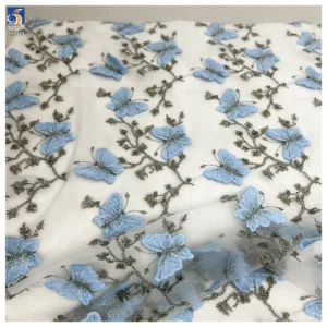 YX1369 New Product Launch 2026 Polyester Soft Tulle Mini 3D Embroidery Blue Butterflies Fabric Embroidered 3D Mesh Fabric...