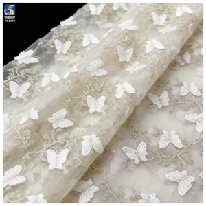 YX1369 New Product Launch 2026 Polyester Soft Tulle Mini 3D Embroidery Blue Butterflies Fabric Embroidered 3D Mesh Fabric...