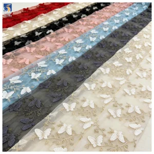 YX1369 New Product Launch 2026 Polyester Soft Tulle Mini 3D Embroidery Blue Butterflies Fabric Embroidered 3D Mesh Fabric...