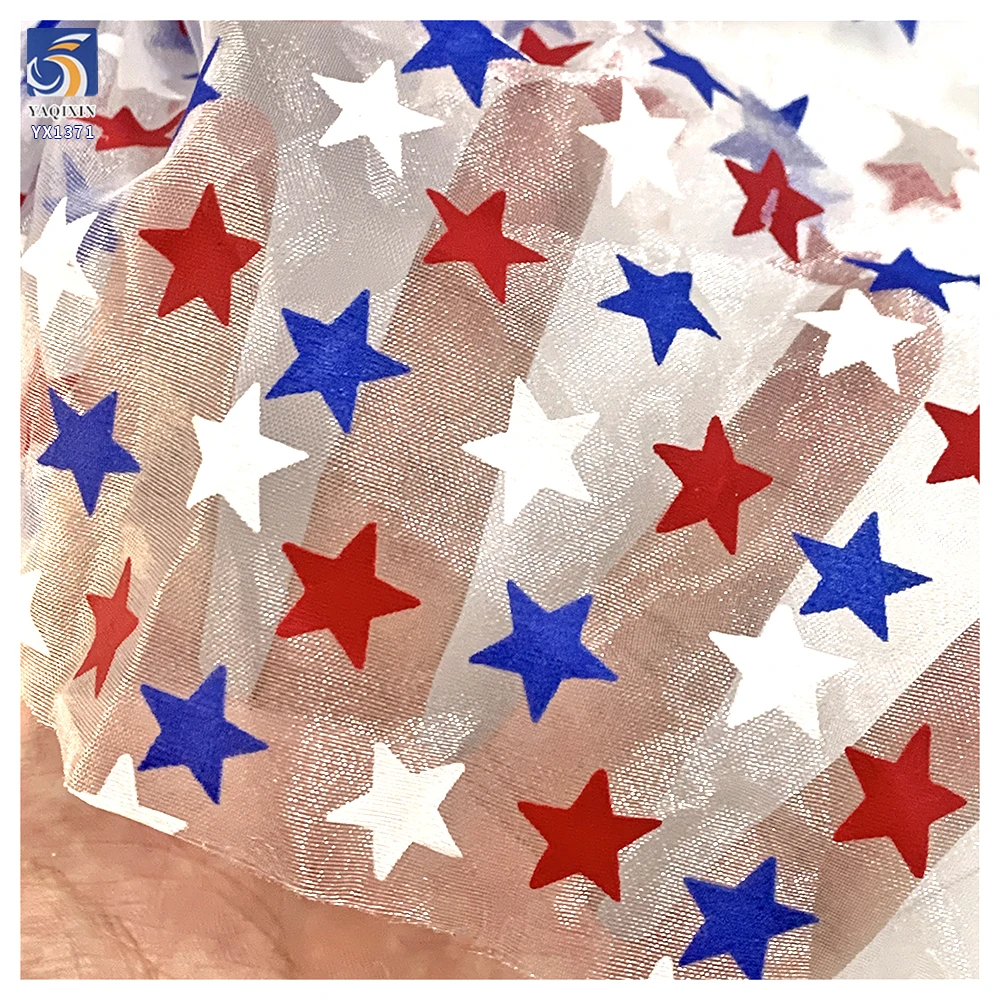 YX1371 Custom 145cm 80gsm American Independence Day Fabric Holiday American Flag Stars Organza Printed Fabric - 100%...