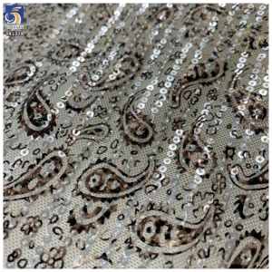 YX1378 150cm 200gsm 2026 New Paisley Printed Sequin Mesh Fabric 3mm Stretch Net Party Dress Sequins Fabric Textile...