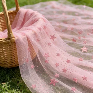 YX1380 Popular 2026 Style Pink Glitter Tulle Fabric by the Yard Knit Glitter Stars Mesh Tulle Fabric for Girls Dress - 100%...
