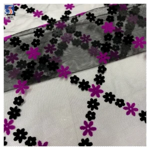 YX1381 Suppliers in Guangzhou China Customization Flock Fabric Knitted Small Florals Flocked Pretty Tulle Mesh Fabrics...