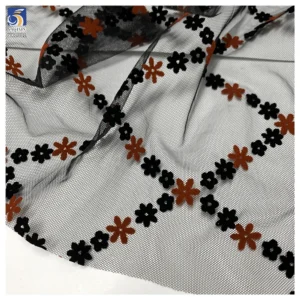YX1381 Suppliers in Guangzhou China Customization Flock Fabric Knitted Small Florals Flocked Pretty Tulle Mesh Fabrics...