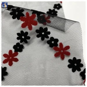 YX1381 Suppliers in Guangzhou China Customization Flock Fabric Knitted Small Florals Flocked Pretty Tulle Mesh Fabrics...
