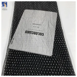 YX1393 2026 Black Mesh Tulle 60gsm Flocked White 3mm Polka Dot Tulle Pleated Fabric Pleated Tulle Flocked White Dot Fabric...