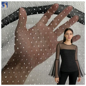 YX1393 2026 Black Mesh Tulle 60gsm Flocked White 3mm Polka Dot Tulle Pleated Fabric Pleated Tulle Flocked White Dot Fabric...