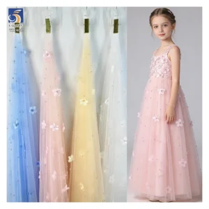 YX1402 Competitive Prices 3D Floral Pearls Tulle Skirt Fabric for Girls' Beautiful 2026 Embroidered 3D Mesh Fabric - 100%...