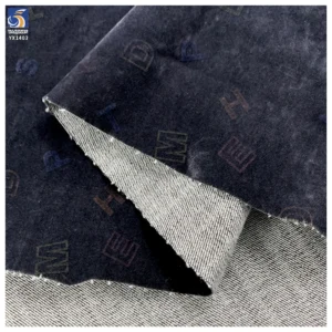 YX1403 2026 10oz High-Stretch Flock Denim Fabric OEM Custom Flocked Flower English Pattern Denim Fabric for Jackets...