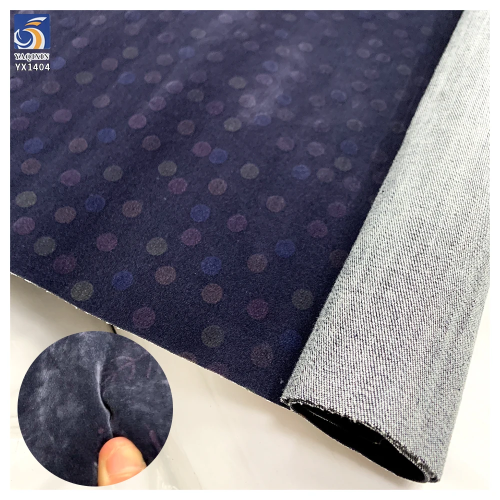 YX1404 New Design Fashion Denim Fabric 2026 10oz Stretch Polka Dot Flocked Denim Fabric for Women's Pants - Spandex...