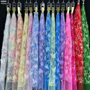YX1405 New Beautiful Laser Gradient Pink Embroidery 3D Butterfly Mesh Fabric With Sequins and Glitter Girl Dress 3D Tulle...