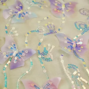 YX1405 New Beautiful Laser Gradient Pink Embroidery 3D Butterfly Mesh Fabric With Sequins and Glitter Girl Dress 3D Tulle...