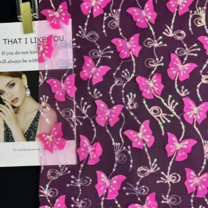 YX1405 New Beautiful Laser Gradient Pink Embroidery 3D Butterfly Mesh Fabric With Sequins and Glitter Girl Dress 3D Tulle...