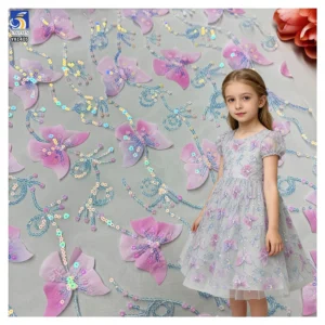 YX1405 New Beautiful Laser Gradient Pink Embroidery 3D Butterfly Mesh Fabric With Sequins and Glitter Girl Dress 3D Tulle...