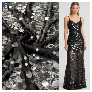 YX1408 2026 New Arrivals 300gsm Sheer Knitted Black Chantilly Lace Mesh Fabric With Round Sequins Fabric for Fashion Dress...